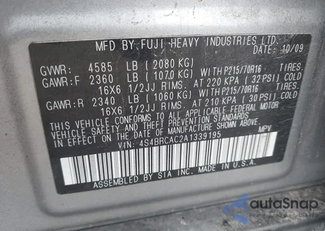 2010 Subaru Outback 2.5I из США, поврежденный, VIN 4S4BRCAC2A1339195